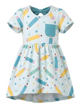 Girls' Light Blue Pencil Print Dress.